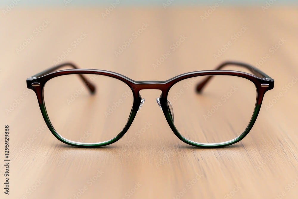 Stylish eyeglasses with classic design showcased on wooden surfa Stylish eyeglasses with classic design showcased on wooden surfa