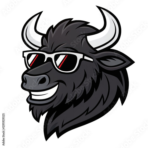 a black bull mascot wearing sunglasses with a big smile. This cartoon bull is a fun and friendly character that is sure to make anyone laugh