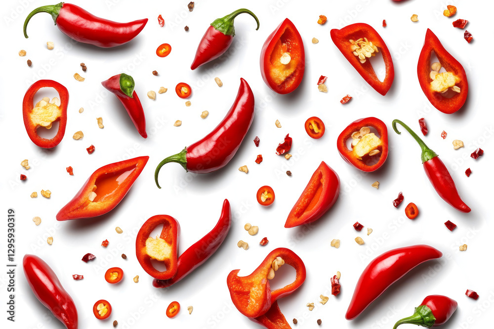 Falling red chili peppers and slices of chili isolated on a transparent background, top view. A pattern for design with fresh, natural food. Falling red chili peppers and slices of chili isolated on a transparent background, top view. A pattern for design with fresh, natural food.
