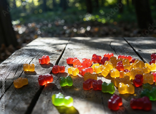 Sunlit gummy bears on rustic wooden table in forest setting – nature inspired outdoor snack concept photo