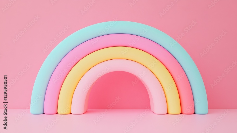 Fototapeta premium Pastel Rainbow Arch 3D Render, Pink Background, Minimalist Design, Abstract Art, Colorful, Sweet Rainbow, 3D render