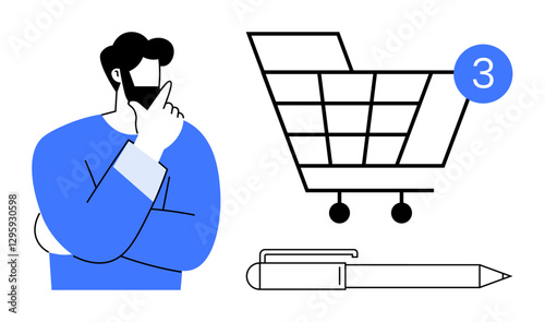 Man with hand on chin in thoughtful pose, shopping cart with number 3 notification, and pen. Ideal for e-commerce, decision-making, productivity, shopping, online stores planning workflow. Line