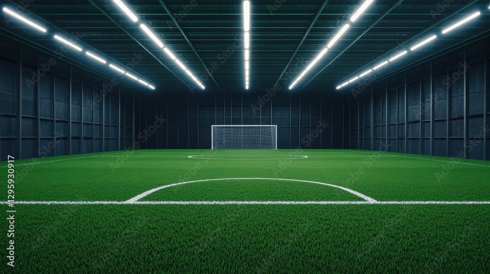 Fototapeta premium Indoor Soccer Field with Artificial Turf and Goalpost in Dark Space
