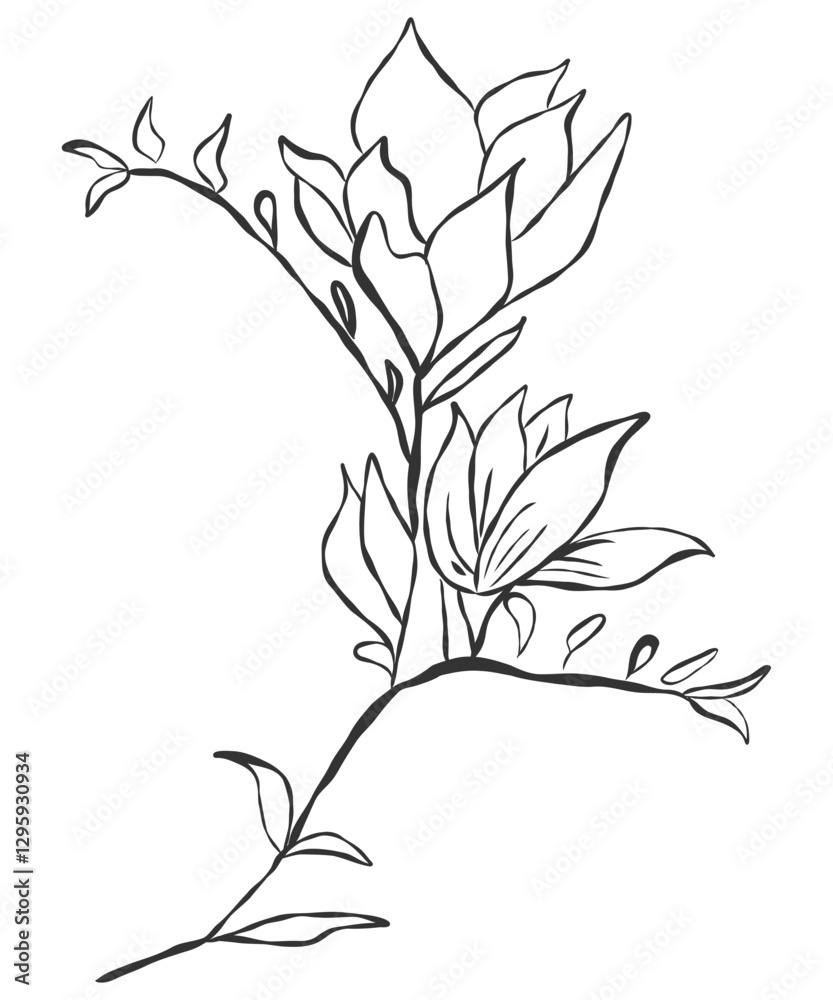 Naklejka premium tiny wild flowers and plants line art botanical illustrations. Trendy greenery hand draw lines black ink sketches. vector illustration