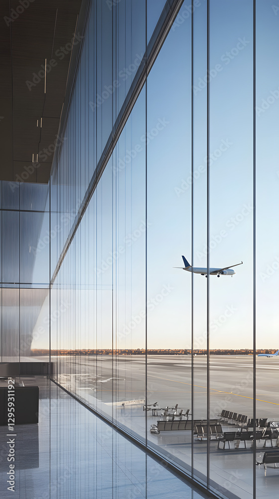 Obraz premium A panoramic view of an airport terminal, with large windows overlooking the runway and airplanes visible outside 