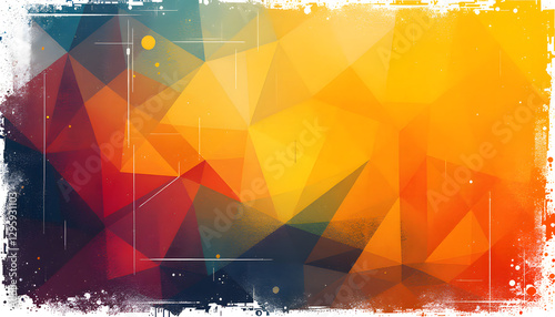 Background Vibrant Abstract Geometric Background with Grunge Texture. A dynamic abstract background featuring a mosaic of colorful triangles, blending warm tones like orange, yellow, and red with cool