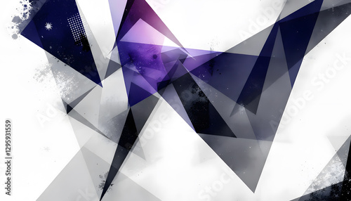 Background Abstract geometric design with layered triangles and grunge texture. This image features a dynamic composition of overlapping triangles in shades of gray, dark purple, and black, set agains