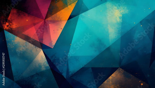 Background Abstract Geometric Design with Vibrant Colors and Texture. A vibrant, abstract geometric pattern composed of overlapping triangles in a variety of bold colors, including reds, oranges, blue