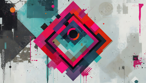 Background Vibrant Abstract Geometric Design on Textured Background. A dynamic abstract design featuring a central diamond shape composed of overlapping geometric forms in bold, contrasting colors