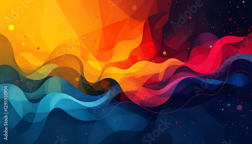 Background Vibrant Abstract Wave Design with Warm and Cool Colors. A dynamic abstract image featuring overlapping, wavy shapes in a spectrum of warm and cool colors, including yellows, oranges, reds, 