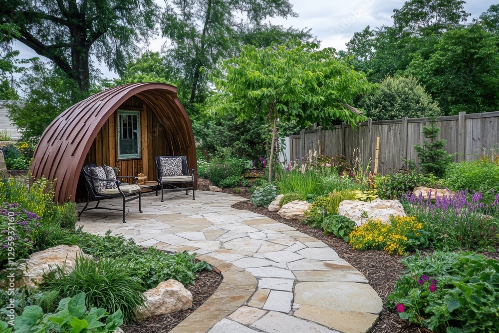 Fototapeta premium Cozy backyard garden, curved wooden bench, stone patio