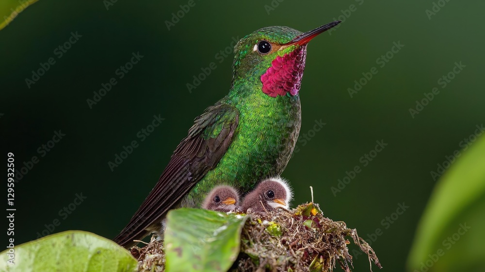 Naklejka premium A vibrant green hummingbird protects its two fuzzy baby birds in nest