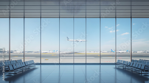 A panoramic view of an airport terminal, with large windows overlooking the runway and airplanes visible outside
