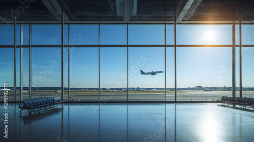 A panoramic view of an airport terminal, with large windows overlooking the runway and airplanes visible outside
