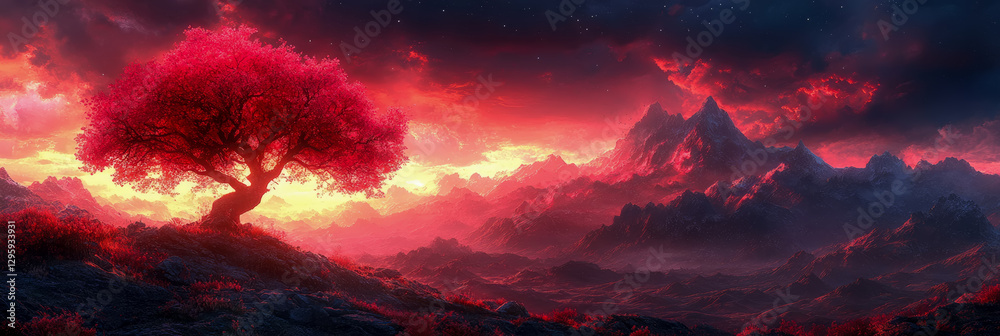 Fototapeta premium Otherworldly Red Landscape with Majestic Mountain Range & Glowing Tree