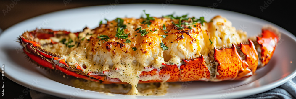 Luxurious Lobster Thermidor with Golden Gratin Topping on a White Plate Luxurious Lobster Thermidor with Golden Gratin Topping on a White Plate