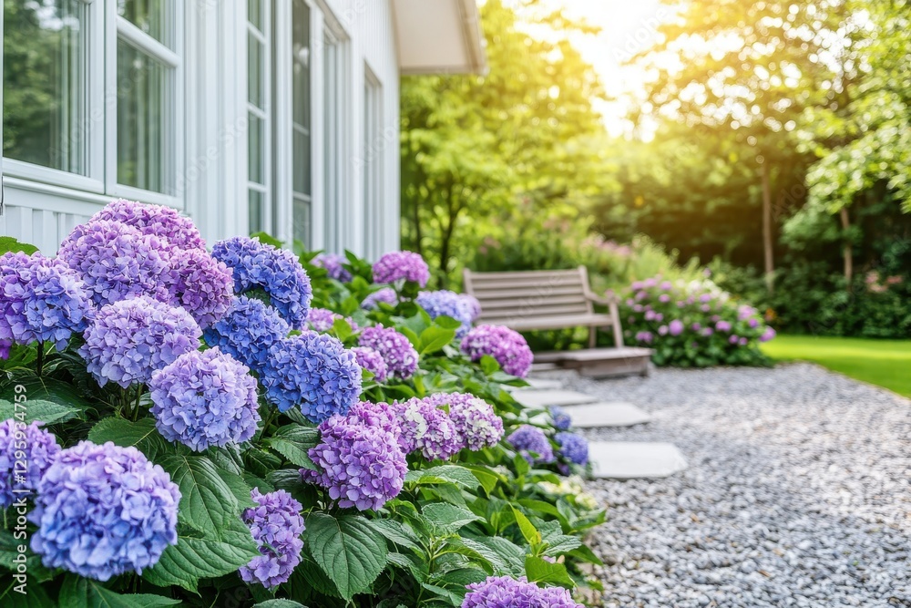 Fototapeta premium Lush garden landscape, hydrangea bushes in bloom, purple and blue flowers