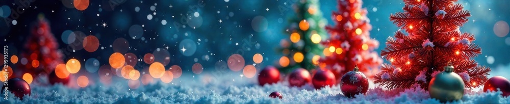 Fototapeta premium Colorful abstract Christmas trees with ornaments and balls in a festive scene , colorful, festive, illustration