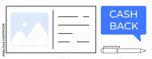 Business card with image and text lines beside a speech bubble stating CASH BACK and a pen. Ideal for business promotions, financial incentives, customer loyalty, transactional benefits, marketing