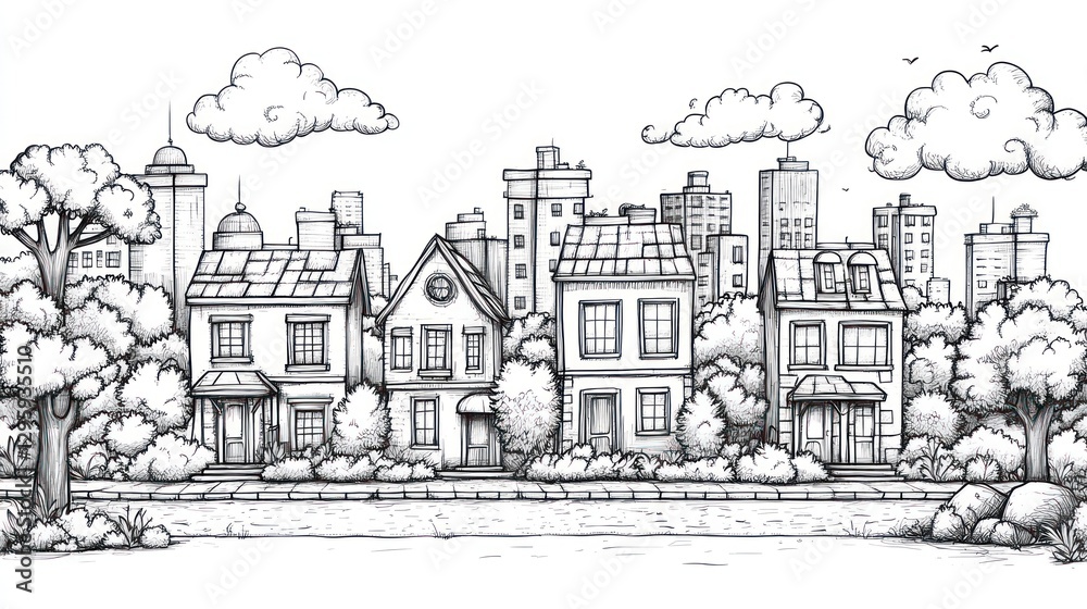 Fototapeta premium Sketchy city street scene with trees, clouds
