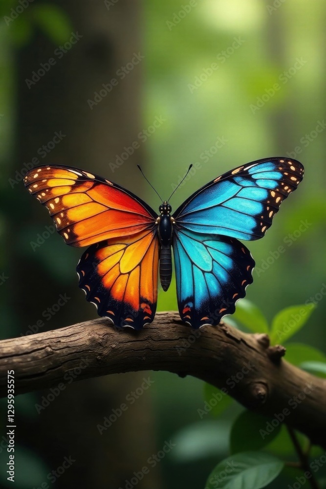 Fototapeta premium Colorful butterfly wings spread wide on a wooden branch, spread, nature, forest