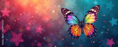 Colorful butterfly fluttering against a bright background, blue, colorful, fuzzy