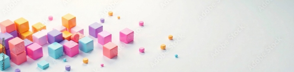 Colorful cubical box elements scattered across a plain white surface, background, elements, texture Colorful cubical box elements scattered across a plain white surface, background, elements, texture