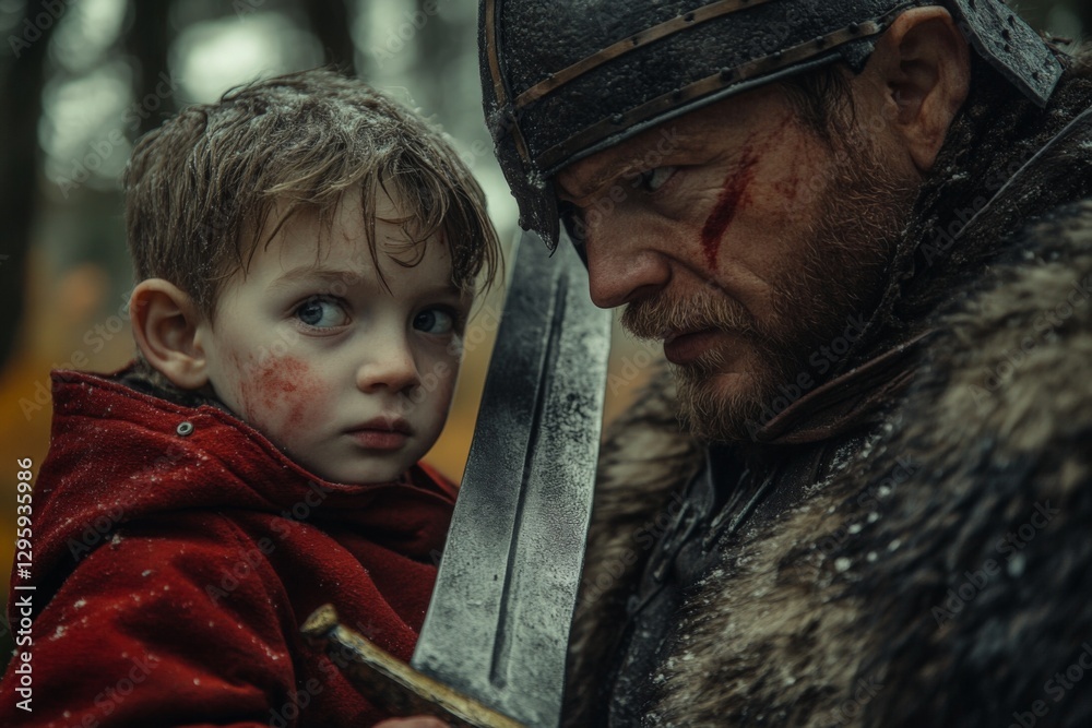 Intense encounter between a warrior and a child in a snowy forest during a dramatic winter scene Intense encounter between a warrior and a child in a snowy forest during a dramatic winter scene