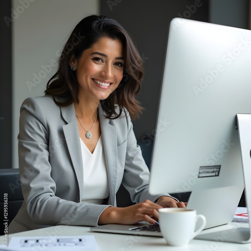 Una fotografía de una mujer hispana trabajadora. Hay una PC en el escritorio y ella se ve hermosa mientras trabaja.