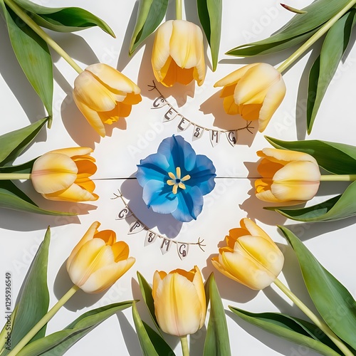 Wallpaper Mural Top view of yellow and blue tulips with leaves on white background, banner Torontodigital.ca