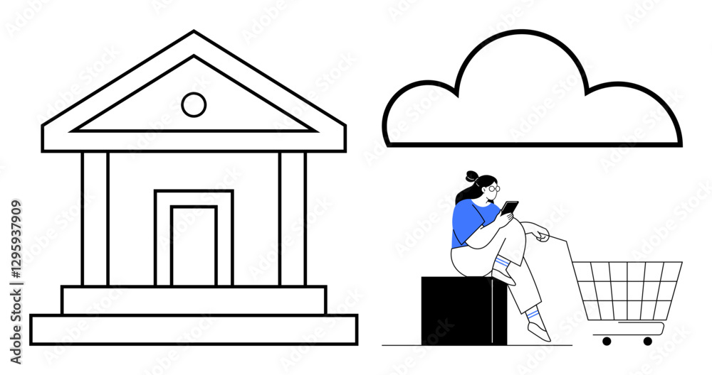 Classic bank structure, cloud symbol, person shopping online. Ideal for fintech, mobile banking, online shopping, cloud computing, digital economy modern consumer behavior. Minimalist abstract line Classic bank structure, cloud symbol, person shopping online. Ideal for fintech, mobile banking, online shopping, cloud computing, digital economy modern consumer behavior. Minimalist abstract line