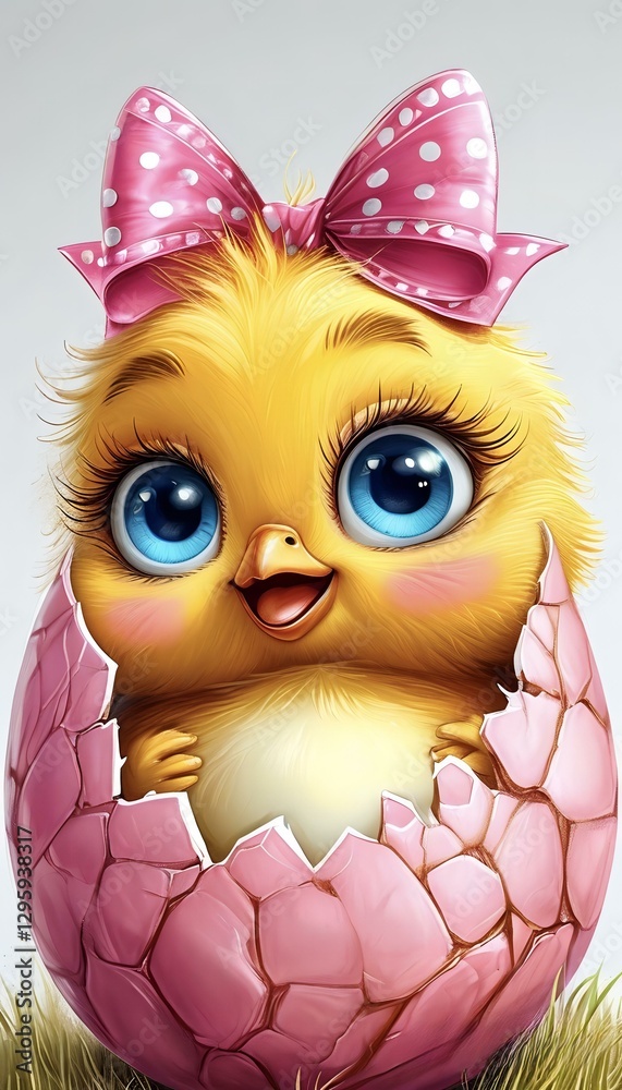 Obraz premium Cartoon yellow chicken with a pink bow on its head sitting in a pink shell on a white background 