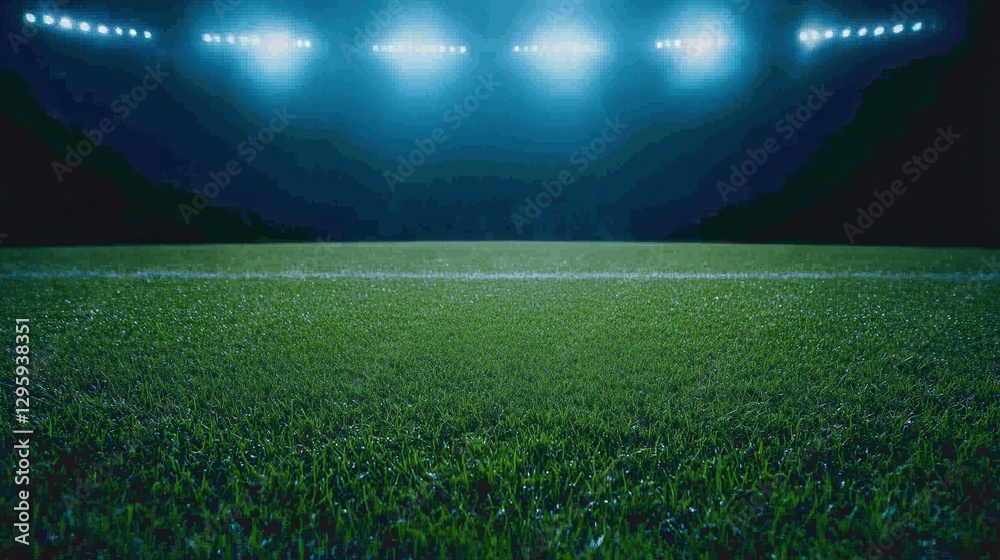 Naklejka premium Green Grass Field Under Bright Stadium Lights at Night