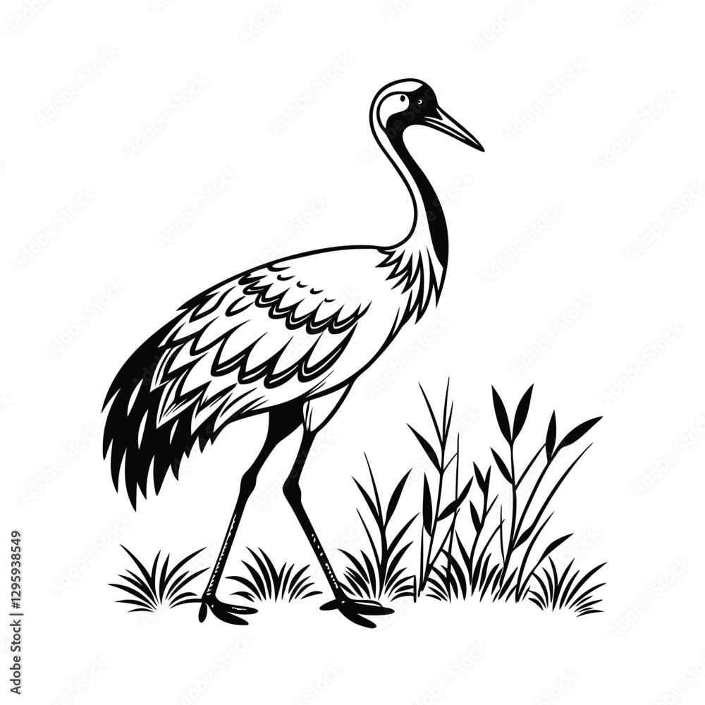 Fototapeta premium Black and White Heron Bird Silhouette with Grass – Vector Illustration