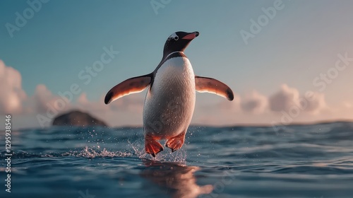 A penguin joyfully jumps across the ocean water with open wings