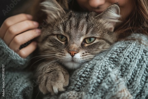 Cozy moment between a person and a fluffy cat in a warm sweater during a relaxed indoor afternoon