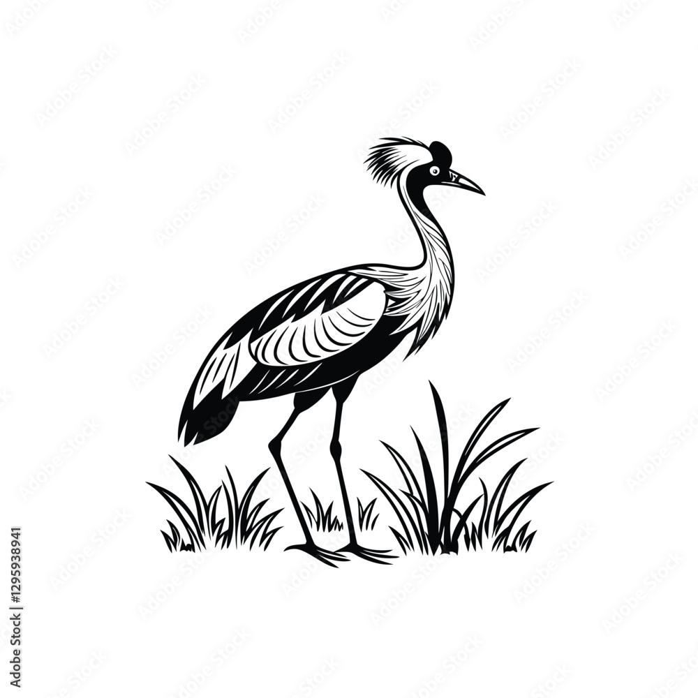Obraz premium Black and White Heron Bird Silhouette with Grass – Vector Illustration