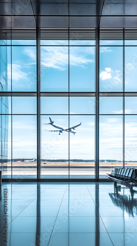A panoramic view of an airport terminal, with large windows overlooking the runway and airplanes visible outside
