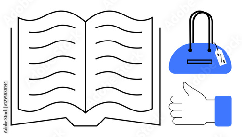Open book with wavy lines, blue handbag with price tag, and white thumb-up hand gesture with blue cuff. Ideal for education, shopping, approval, reading, fashion positivity marketing. Line metaphor