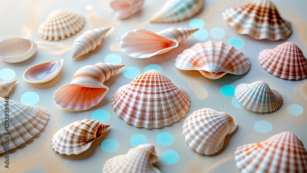 Beautiful collection of seashells arranged aesthetically on a smooth surface with soft lighting and a playful bokeh effect Beautiful collection of seashells arranged aesthetically on a smooth surface with soft lighting and a playful bokeh effect