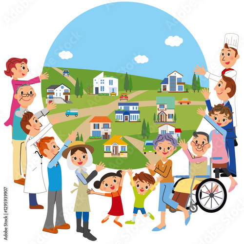 街を支えてる住人が手で囲っているイラスト