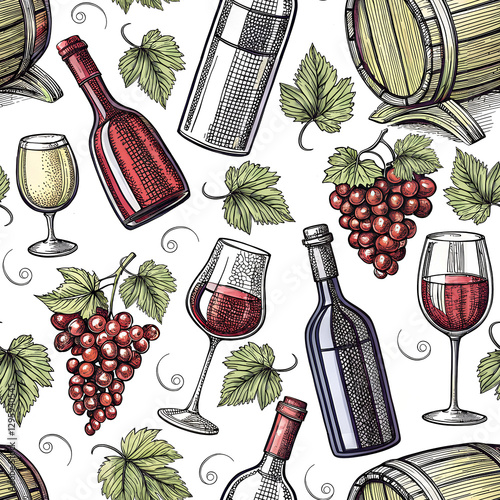 Seamless pattern, wine design with barrels, bottles, and grapes in a rustic, vintage-inspired style