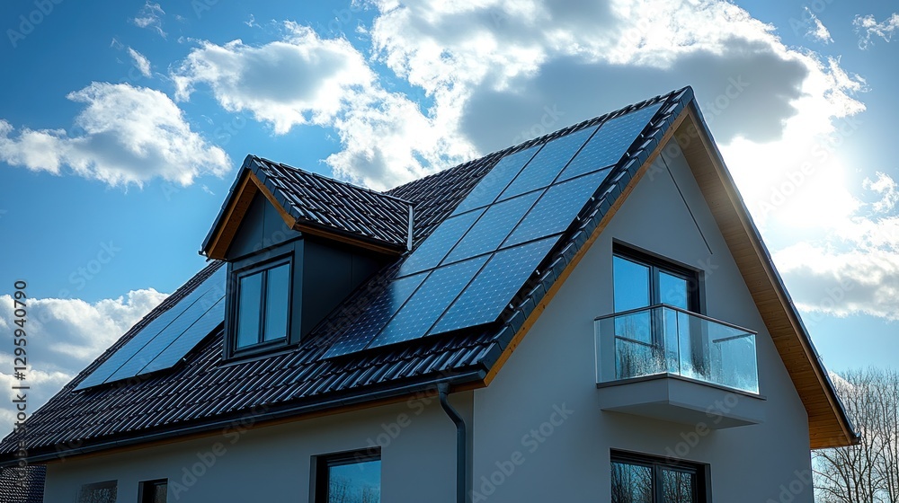 Solar Panels on Modern Home Rooftop under Sunny Sky
