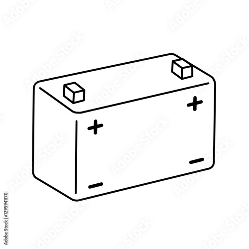 Power Source: A meticulously drawn outline of a vehicle battery, complete with terminals and clear polarity markings, symbolizing electrical energy storage and automobile power. 