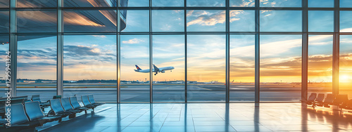 A panoramic view of an airport terminal, with large windows overlooking the runway and airplanes visible outside
