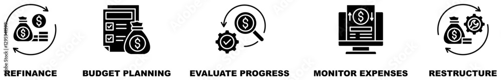 Financial Flow Icon Set Isolated Vector With Icon Of Refinance, Budget Planning, Evaluate Progress, Monitor Expenses, Restructure In Blue Style Financial Flow Icon Set Isolated Vector With Icon Of Refinance, Budget Planning, Evaluate Progress, Monitor Expenses, Restructure In Blue Style