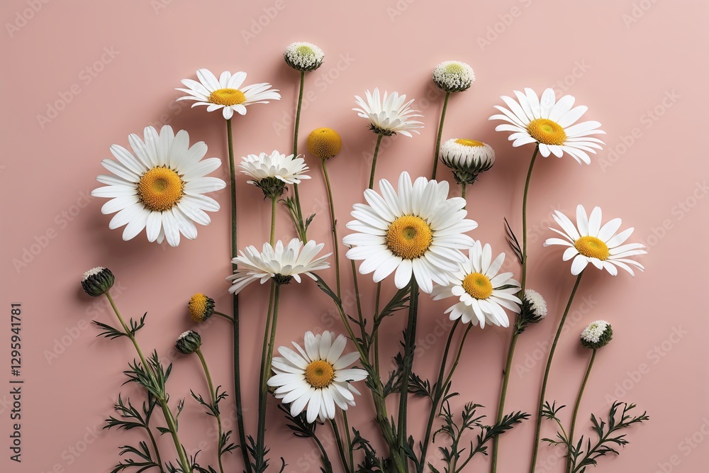 Obraz premium Minimal Styled Floral Concept with White Daisy Chamomile Flowers on Pale Pink Background for Creative Lifestyle and Spring Decor