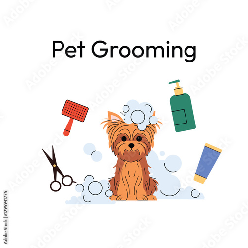 Shiba Inu dog during grooming. The playful pup sits covered in soap bubbles, surrounded by scissors, shampoo, and a brush. Clean and modern design, perfect for pet care. Vector illustration