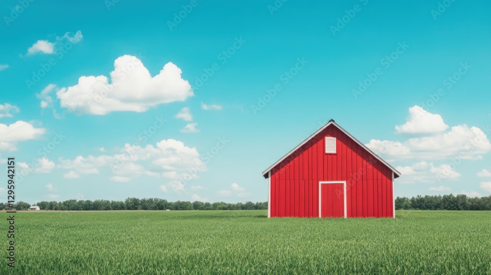 Obraz premium Tranquil rural scene with red barn and blue sky for farmhouse decor