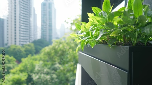 Urban balcony gardening with lush greenery overlooking cityscape